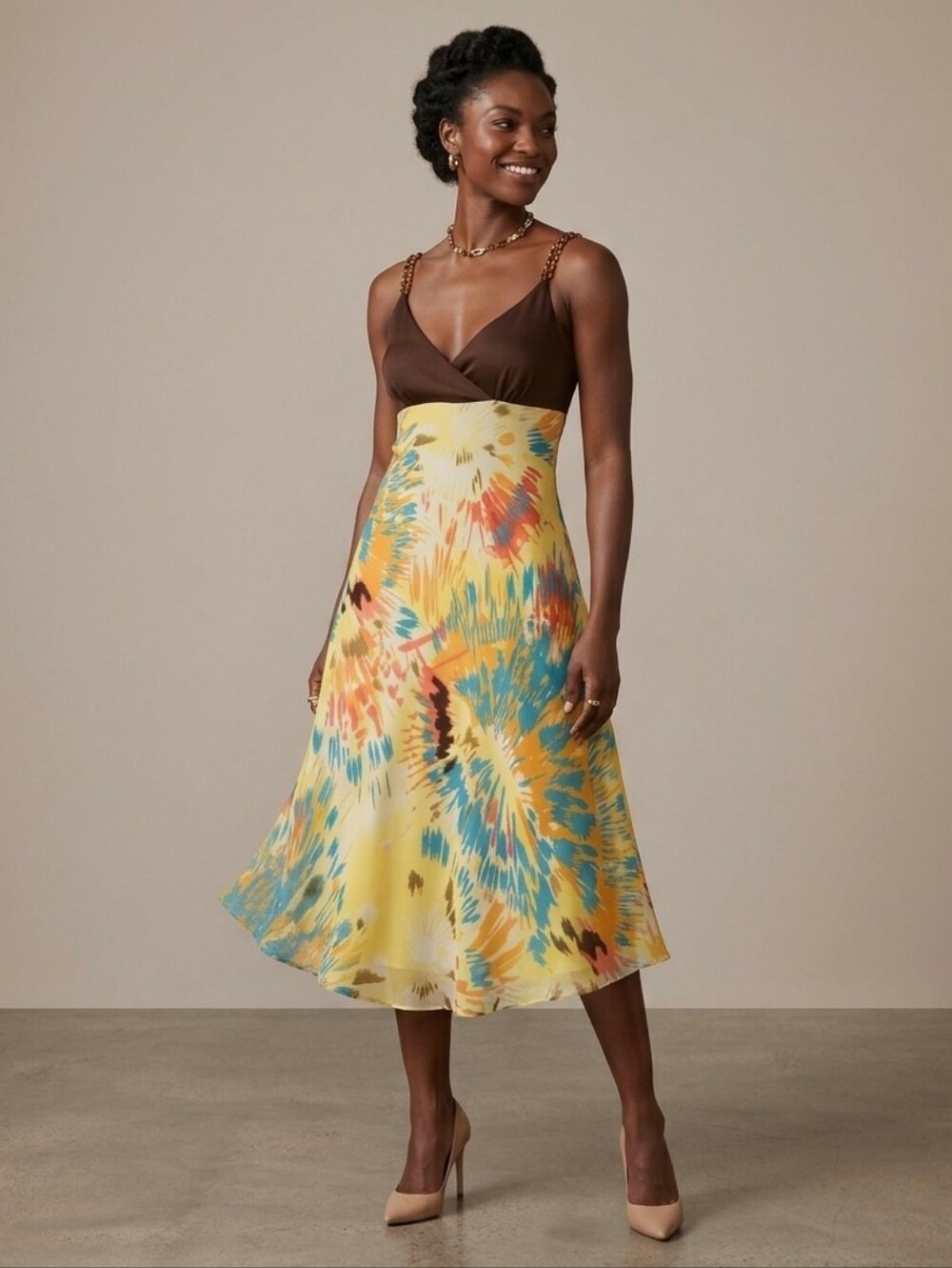 Scarlett dress with plunge neckline. See through Triangle bottom cinch waist